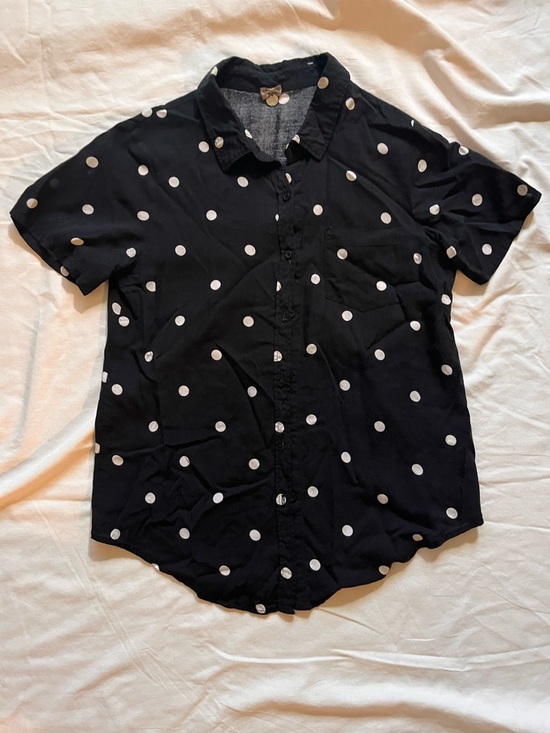Poof! Tops - Poof! Black Short-Sleeve Button-Up Shirt with White Polka Dots